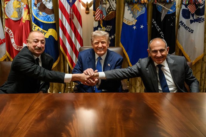 August 8, 2025, Washington, District of Columbia, USA: President Donald J. Trump hosted Azerbaijani President Ilham Aliyev and Armenian Prime Minister Nikol Pashinyan at the White House, where the two leaders signed a historic joint declaration for peace 