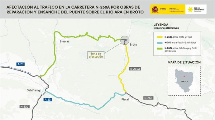 Mapa con los recorridos alternativos para salvar el corte del puente sobre el río Ara en Broto que durará desde las 22.00 horas de este lunes hasta las 6.00 horas del martes 2 de septiembre.