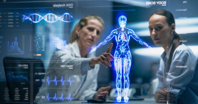 Debate tecnológicos sobre atención médica optimizada y precisión diagnóstica. Enfoques de tratamiento personalizados en un entorno sanitario futurista.