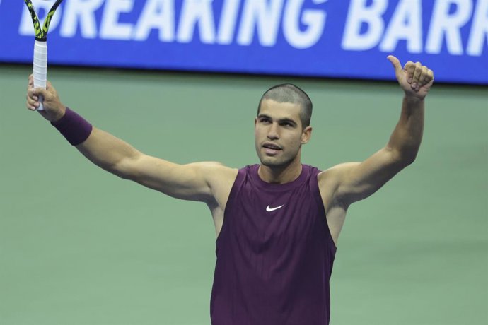 Carlos Alcaraz of Spain celebrates his second round victory against Mattia Bellucci of Italy during day 4 of the 2025 US Open Tennis Championships, Grand Slam tennis tournament on August 27, 2025 at USTA Billie Jean King National Tennis Center in Flushing
