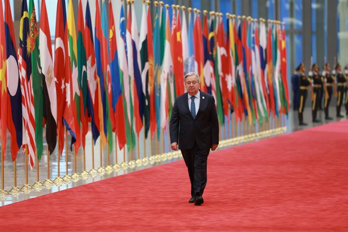 TIANJIN, Aug. 31, 2025  -- UN Secretary-General Antonio Guterres arrives at the Meijiang Convention and Exhibition Center for a welcoming banquet in Tianjin, north China, Aug. 31, 2025. Chinese President Xi Jinping and his wife, Peng Liyuan, on Sunday hos