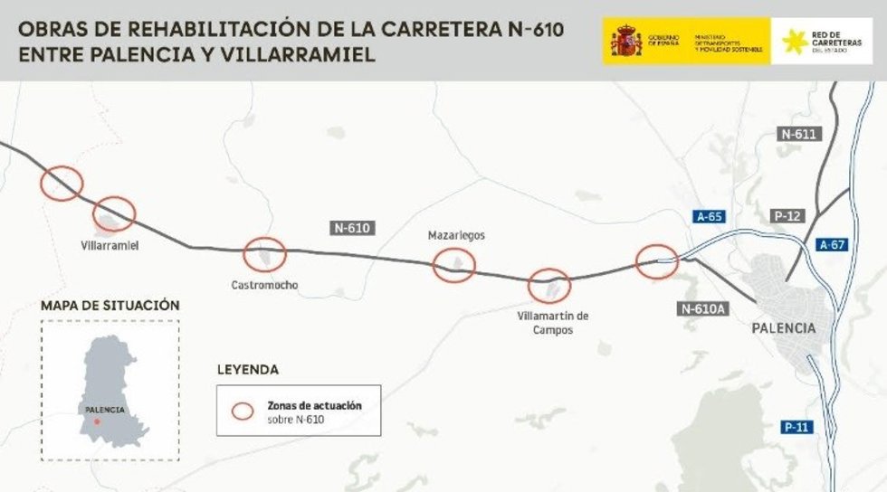 N-610 entre Palencia y Villarramiel por obras de rehabilitación.