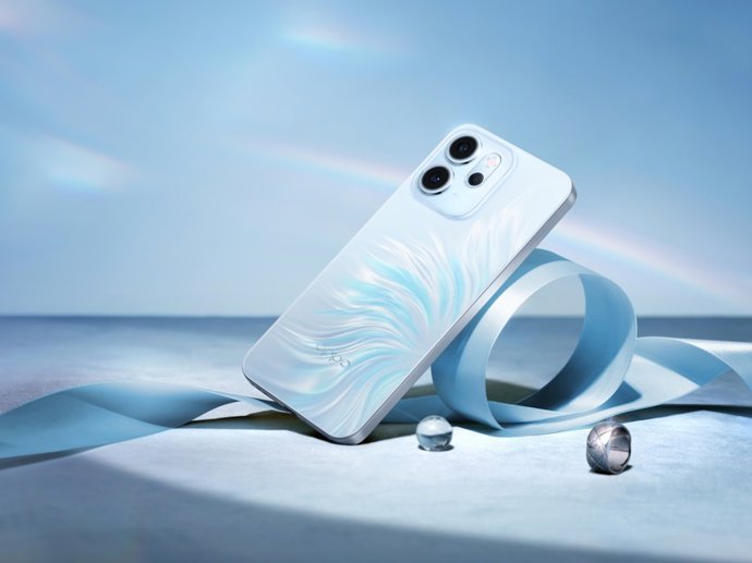 Telefone celular da série OPPO Reno 14 com acabamento iridescente