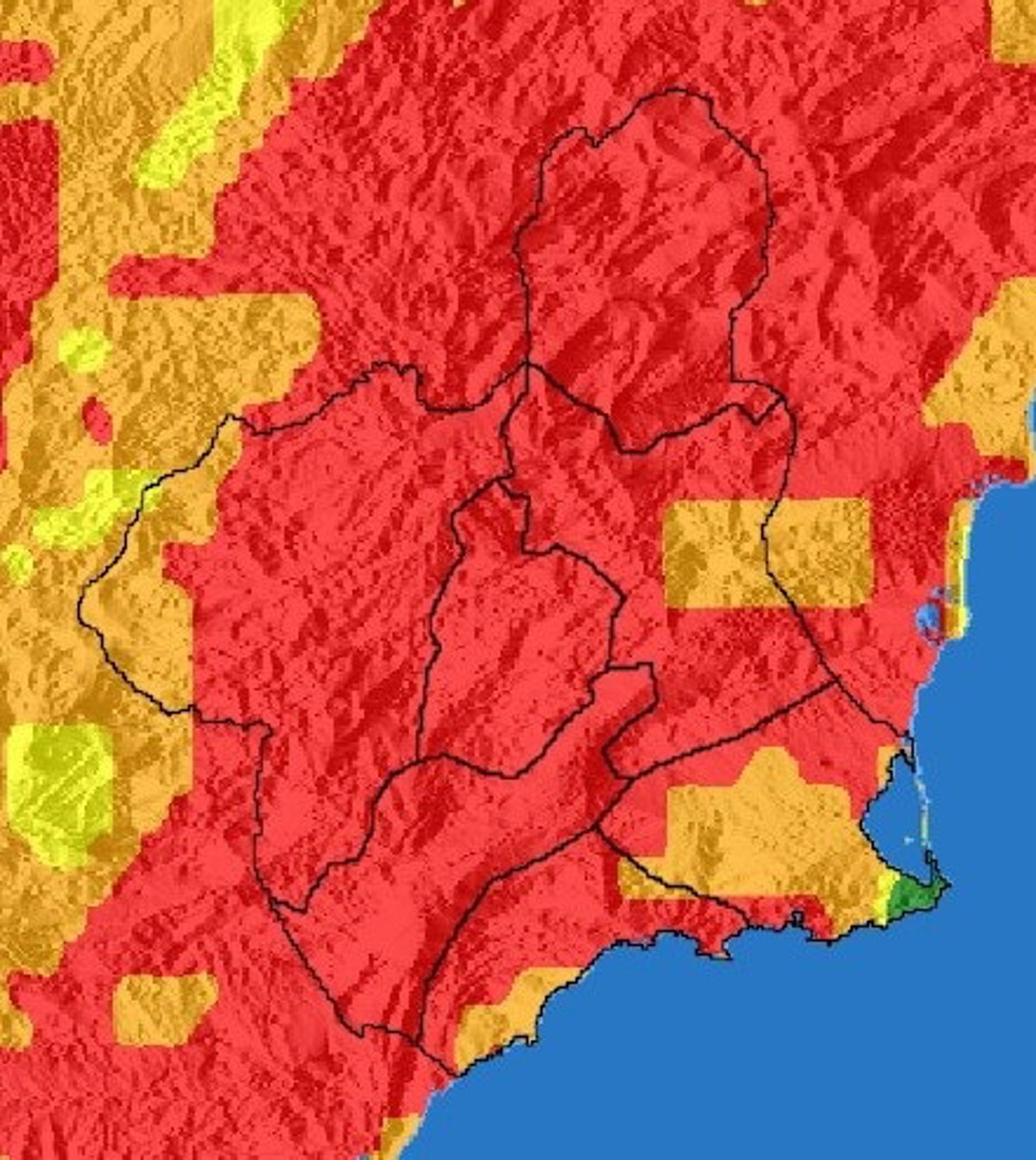 El nivel de riesgo de incendio forestal para este miércoles es extremo en la mayor parte de la Región de Murcia