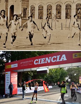 Arriba, imagen de la carrera cross-country celebrada en 1925 (Residencia de Estudiante); abajo, llegada a meta en la categoría femenina durante la celebración de 2024 (Erica Delgado, CSIC).