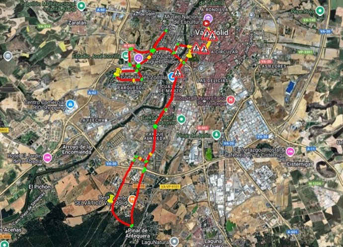 Mapa de los cortes de tráfico previstos con motivo de la contrarreloj de La Vuelta en Valladolid.