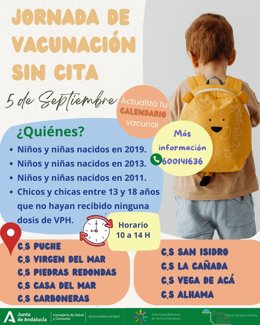 Cartel informativo de la jornada de vacunación en Almería.