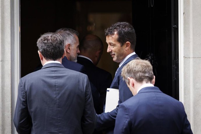 El presidente de Indra, Ángel Escribano, durante el encuentro empresarial entre Reino Unido y España celebrado este miércoles en Downing Street.