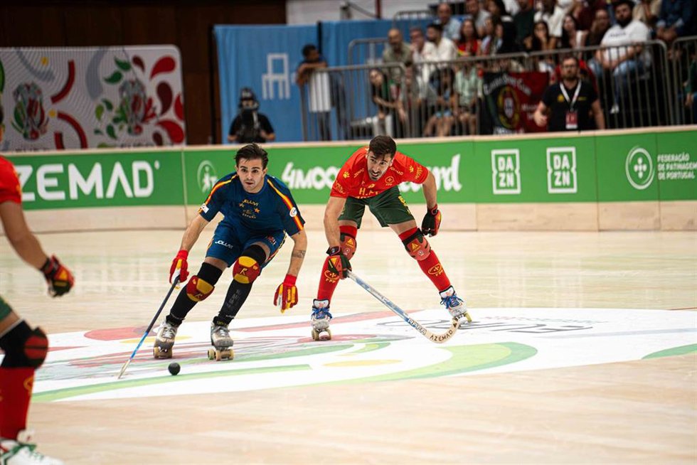 La selección española masculina de hockey sobre patines, durante el Campeonato de Europa.