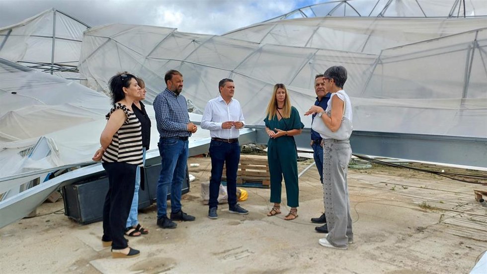 El portavoz del Grupo Parlamentario Socialista en las Cortes de Aragón y alcalde de San Esteban de Litera, Fernando Sabés, en una empresa de planteros de la comarca de La Litera afectada por el temporal