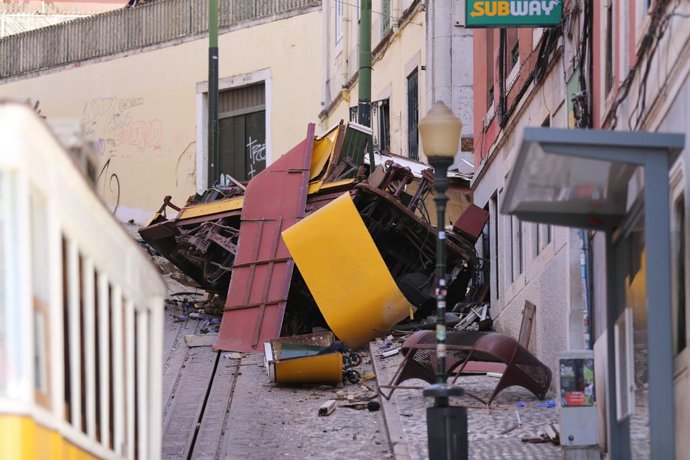 LISBON, Sept. 4, 2025  -- This photo taken on Sept. 4, 2025 shows the site of the funicular accident in Lisbon, Portugal. A historic funicular downtown, one of the Portuguese capital's most famous tourist attractions, derailed and crashed on Wednesday, le