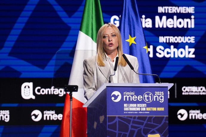 Presidente do Conselho de Ministros da República Italiana, Giorgia Meloni, durante o Rimini Meeting 2025 na Rimini fiera em Rimini, nordeste da Itália - quarta-feira, 27 de agosto de 2025 - Notícias - (Foto de Massimo Paolone/LaPresse) ... Il Presidente d