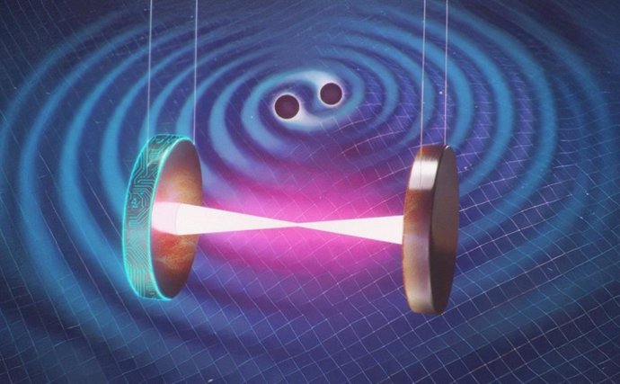 Um conceito artístico de como os espelhos suspensos gigantes do LIGO permitem que ele detecte ondas gravitacionais.
