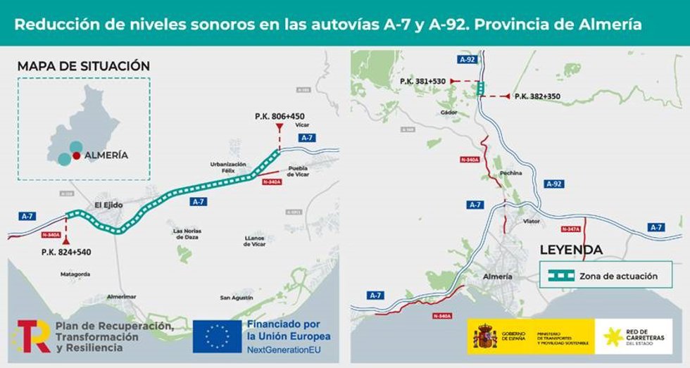 Mapa de las actuaciones para la reducción del ruido en la A-7 y la A-92 en la provincia de Almería.