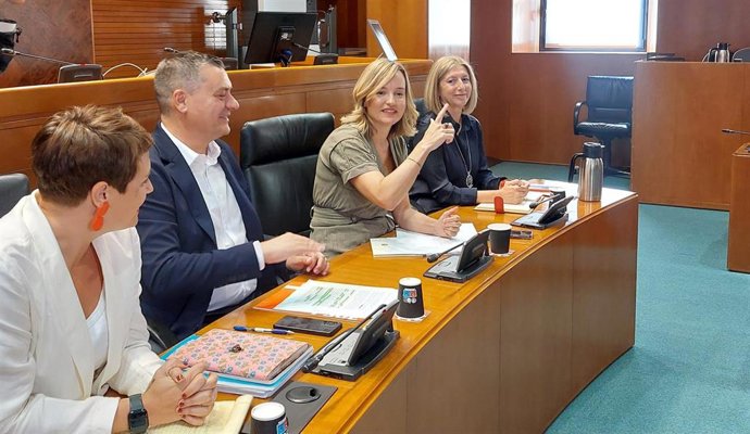 La secretaria general del PSOE Aragón, Pilar Alegría, preside una reunión del Grupo Parlamentario Socialista en las Cortes, junto a la secretaria de Organización, Manuela Berges; el portavoz, Fernando Sabés; y la portavoz adjunta, Leticia Soria.