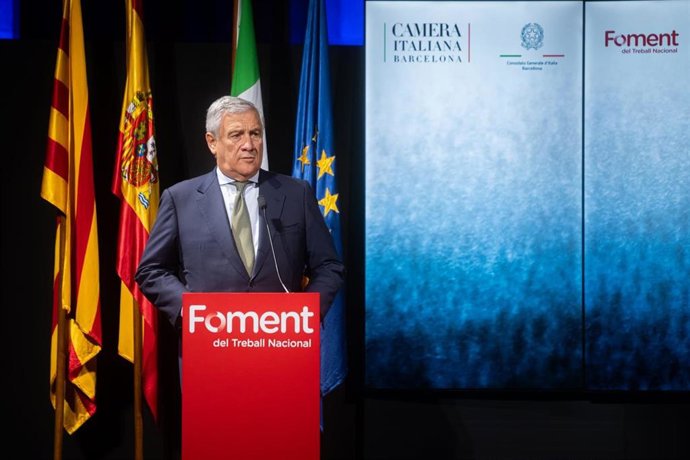El ministro de Exteriores de Italia, Antoni Tajani, en un coloquio organizado por Foment del Treball.