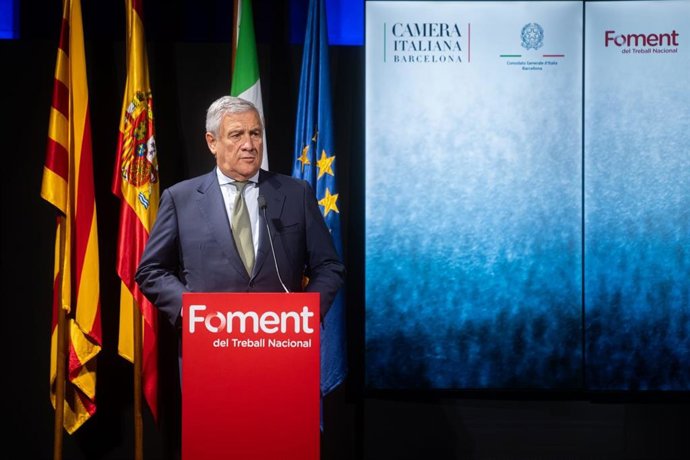 El ministro de Exteriores de Italia, Antoni Tajani, en un coloquio organizado por Foment del Treball.