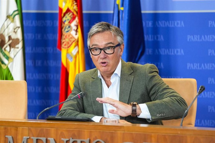 El portavoz del grupo parlamentario Vox en Andalucía, Manuel Gavira, en rueda de prensa. (Foto de archivo).
