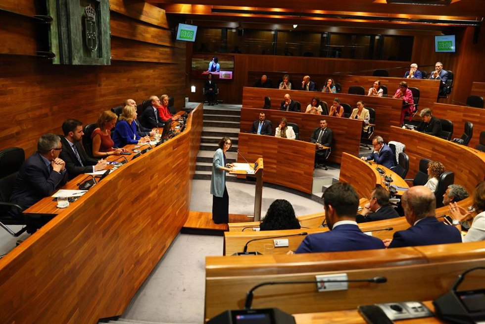 La portavoz socialista en la Junta General, Dolores Carcedo, durante su intervención en el Pleno institucional por el Día de Asturias.