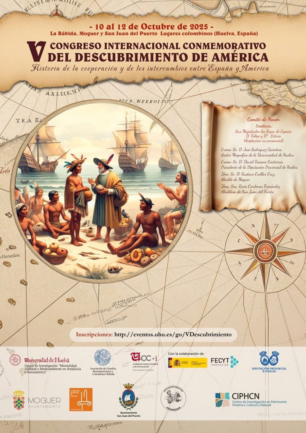 Cartel del V Congreso Internacional Comemorativo del Descubrimiento de América que se celebrará en Huelva.