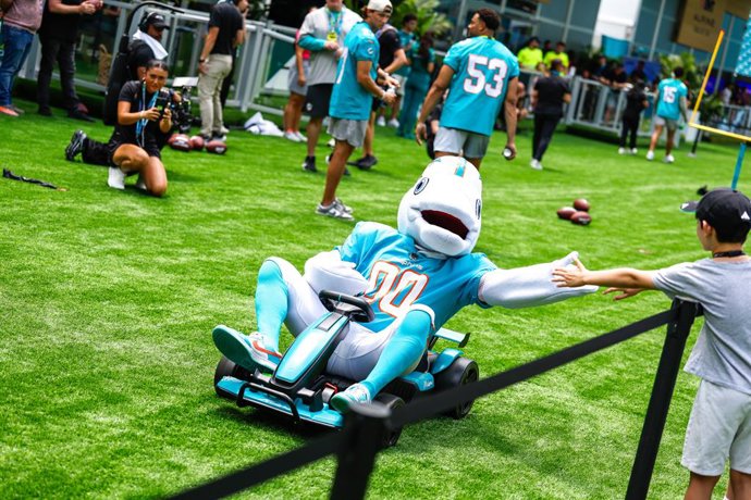 Archivo - Miami Dolphins mascot is seen during the Formula 1 Crypto.com Miami Grand Prix 2025, 6th round of the 2025 FIA Formula One World Championship from May 2 to 4, 2025 on the Miami International Autodrome, in Miami Gardens, Florida, United States of