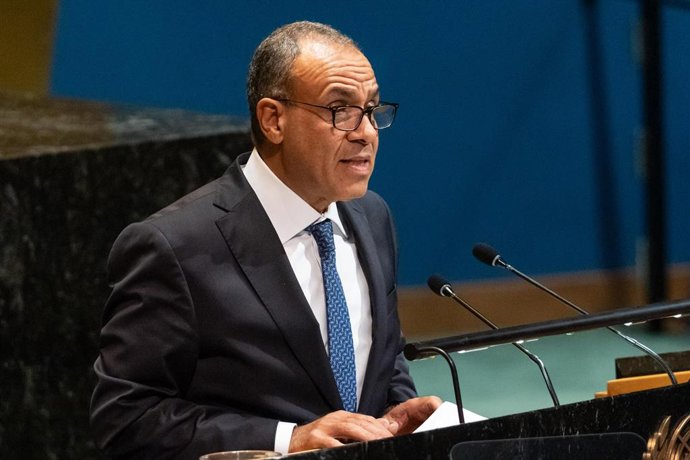 Archivo - 28 de julho de 2025, Bronx, Nova York, EUA: Badr Ahmed Mohamed Abdelatty, Ministro das Relações Exteriores, Emigração e Expatriados Egípcios da República Árabe do Egito, fala durante a Conferência Internacional de Alto Nível para a Resolução Pac
