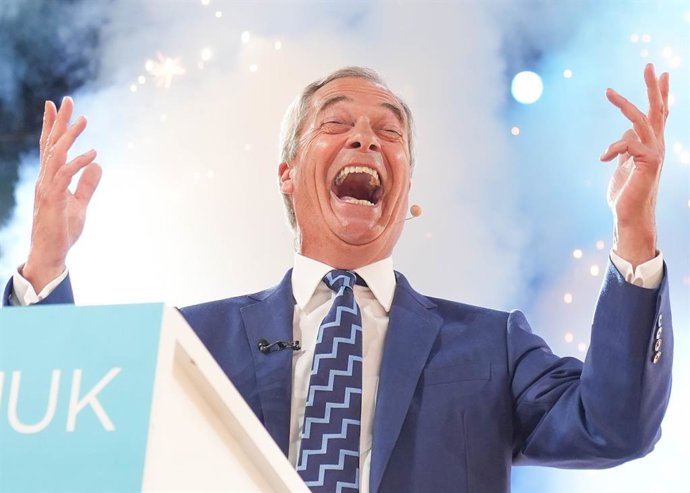 September 5, 2025, Birmingham, West Midlands, UK: Leader of the Reform UK NIGEL FARAGE reacts as he delivers his speech on the first day of the Reform UK party conference at the National Exhibition Centre in Birmingham.