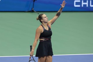Aryna Sabalenka of Belarus celebrates her semifinal victory against Jessica Pegula of USA during day 12 of the 2025 US Open Tennis Championships, Grand Slam tennis tournament on September 4, 2025 at USTA Billie Jean King National Tennis Center in Flushing