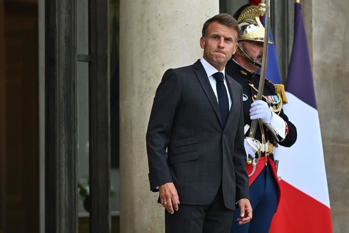 3 de setembro de 2025, Paris, Ile-De-France (Região, França): O Presidente da República, Emmanuel Macron, recebeu o Presidente da Ucrânia, Volodymyr Zelensky, para um jantar de trabalho no Palácio do Eliseu em 3 de setembro de 2025: 1033927916, Licença: R