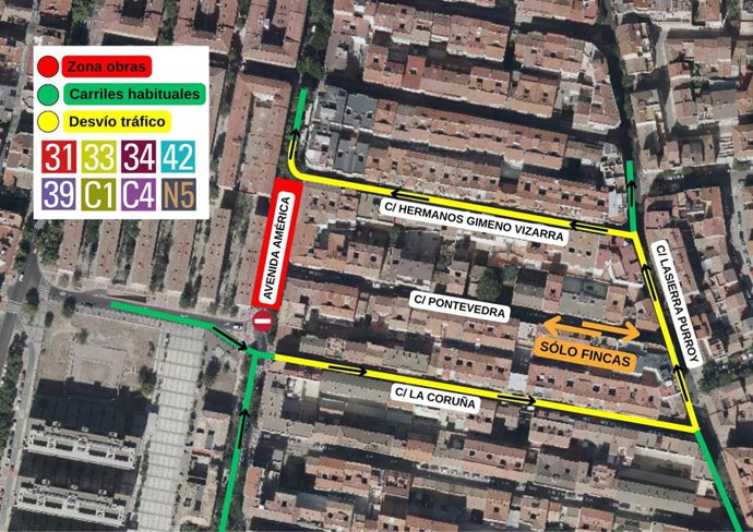 Plano del barrio de Torrero, donde desde este lunes 8 de septiembre la Avenida América se va a cortar entre las calles La Coruña y Selva de Oza para la renovación de un colector.