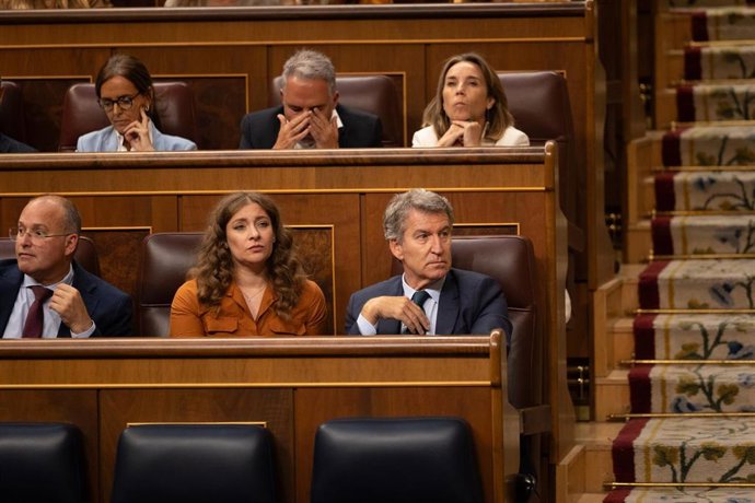 Archivo - El líder del PP, Alberto Núñez Feijóo, rodeado de los principales dirigentes del PP en una sesión plenaria del Congreso