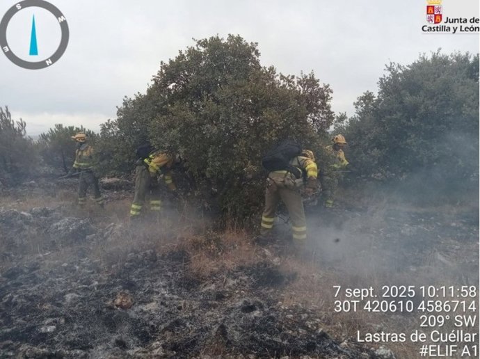 Medios terrestres y aéreos trabajan para sofocar un incendio forestal en Fuentidueña (Segovia)