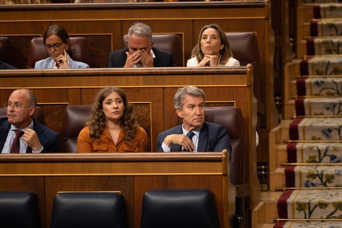 Archivo - Arquivo - (L-R) O secretário-geral do PP, Miguel Tellado; a porta-voz do PP no Congresso, Ester Muñoz e o presidente do PP, Alberto Núñez Feijóo, durante uma sessão plenária extraordinária, no Congresso dos Deputados, em 22 de julho de 2025,