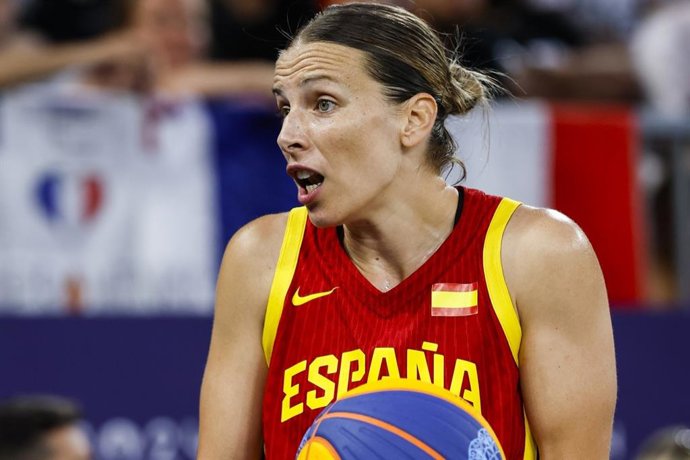 Sandra Ygueravide of Spain protests during Women's Gold Medal Game of the 3x3 Basketball between Spain and Germany on La Concorde 1 during the Paris 2024 Olympics Games on August 5, 2024 in Paris, France.