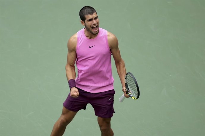 Carlos Alcaraz of Spain celebrates his semifinal victory against Novak Djokovic of Serbia on day 13 of the 2025 US Open Tennis Championships, Grand Slam tennis tournament on September 5, 2025 at USTA Billie Jean King National Tennis Center in Flushing Mea
