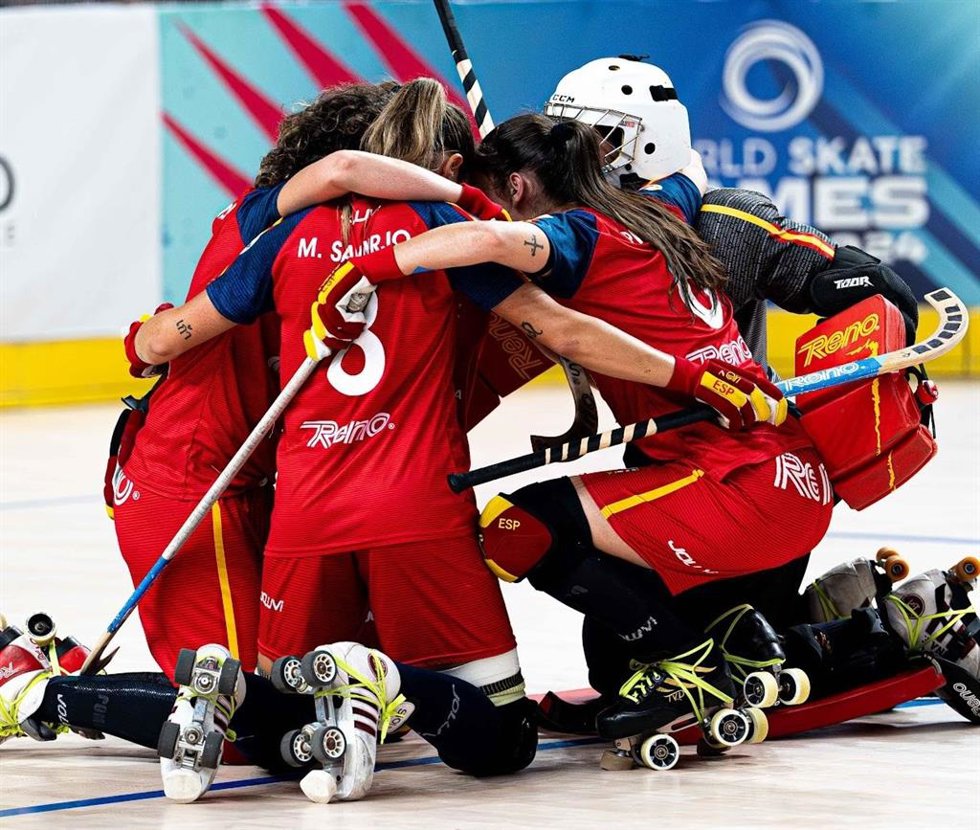 Archivo - Las jugadoras de la selección española de hockey patines durante los World Skate Games de Italia 2024