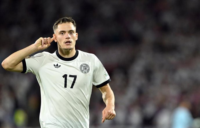 07 September 2025, North Rhine-Westphalia, Cologne: Germany's Florian Wirtz celebrates his side's third goal of the game during the FIFA World Cup European Qualifiers Group A match against Northern Ireland at RheinEnergieSTADION. Photo: Federico Gambarini