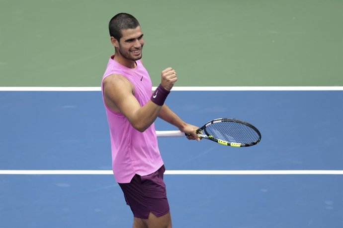 Carlos Alcaraz of Spain celebrates his semifinal victory against Novak Djokovic of Serbia on day 13 of the 2025 US Open Tennis Championships, Grand Slam tennis tournament on September 5, 2025 at USTA Billie Jean King National Tennis Center in Flushing Mea