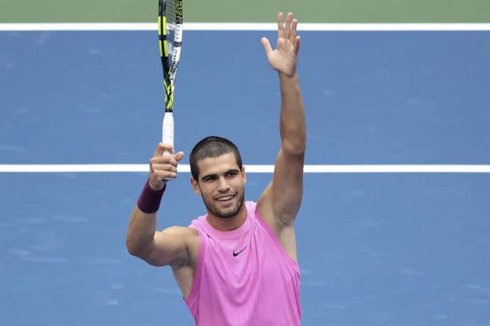 Carlos Alcaraz of Spain celebrates his semifinal victory against Novak Djokovic of Serbia on day 13 of the 2025 US Open Tennis Championships, Grand Slam tennis tournament on September 5, 2025 at USTA Billie Jean King National Tennis Center in Flushing Mea