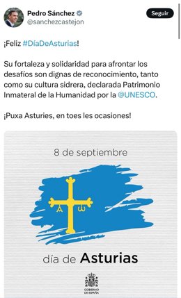 Mensaje del presidente del Gobierno, Pedro Sánchez, publicado este 8 de septiembre en la red social X.