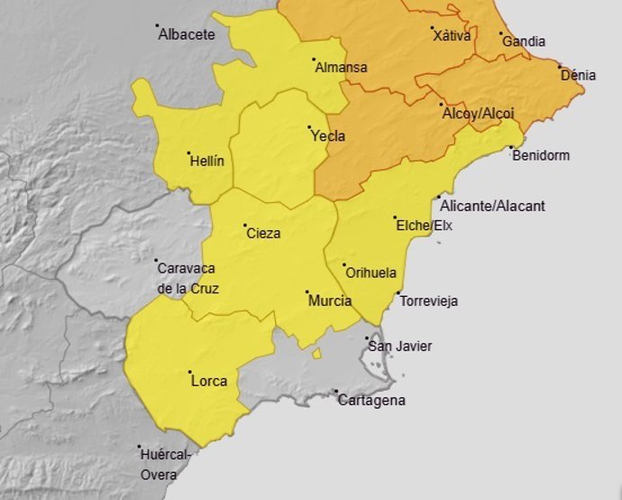 La Aemet mantiene sus avisos amarillos por lluvias y tormentas en Altiplano, Vega del Segura y Valle del Guadalentín