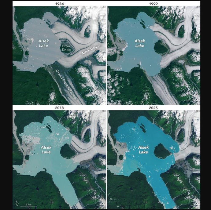 Aparicion de una isla en el lago donde desemboca el glaciar Alsek
