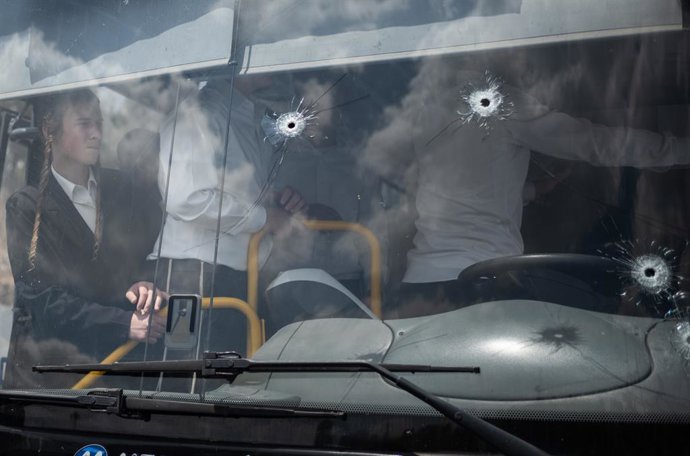 08 September 2025, Israel, Jerusalem: Gunshots are seen on a wind-shield of a bus at the bus stop where a shooting attack took place in Jerusalem. The Israeli emergency medical service reported that four victims were pronounced dead at the scene in north 