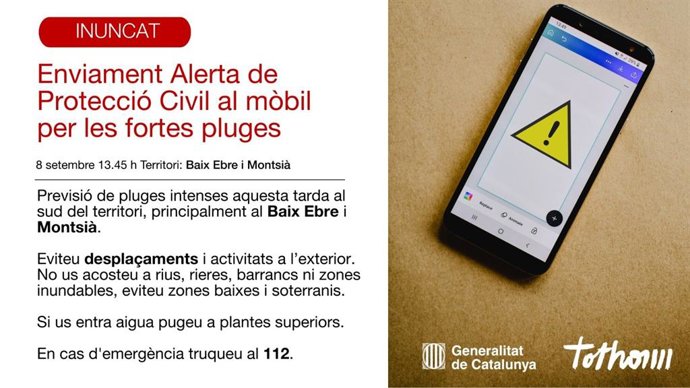 Envío de alerta a móviles a la población de Baix Ebre y Montsià (Tarragona)