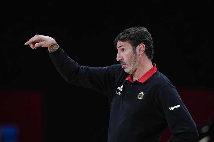 Alex Mumbru, Head coach of Germany gestures during City of Madrid Tournament, basketball match played between Spain and Germany at Madrid Arena on August 21, 2025 in Madrid, Spain.