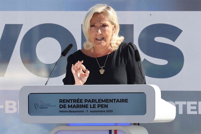 07 September 2025, France, Hénin-Beaumont: Marine Le Pen, President of Rassemblement National parliamentary group, delivers a speech during a meeting marking the start of the political year in Henin-Beaumont. Photo: Francois Lo Presti/AFP/dpa