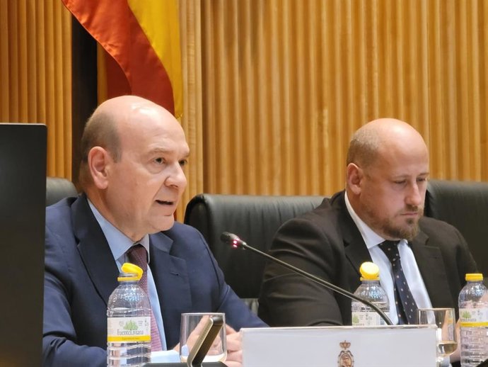 El portavoz adjunto de Vox en las Cortes de Aragón, Santiago Morón, este lunes durante su intervención en la jornada 'Presente y futuro del sistema sanitario español', organizada por Vox en la Sala Ernest Lluch del Congreso de los Diputados, en Madrid.