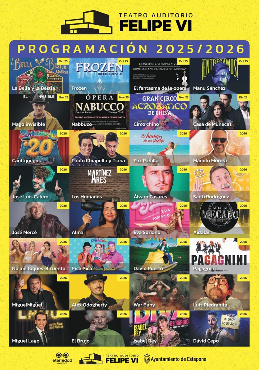 Cartel de la programación del Auditorio Felipe VI de Estepona (Málaga) para el próximo trimestre.