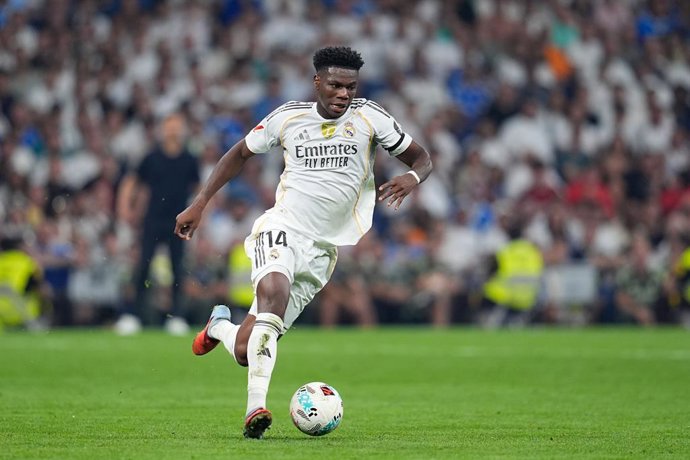 Aurelien Tchouameni of Real Madrid CF in action during the Spanish League, LaLiga EA Sports, football match played between Real Madrid and CA Osasuna at Santiago Bernabeu stadium on August 19, 2025, in Madrid, Spain.