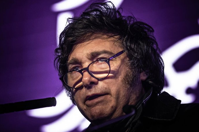 September 7, 2025, La Plata, Buenos Aires, Argentina: JAVIER MILEI's speech. At 9 p.m., the first results were released, with Peronism winning by 13 points over La Libertad Avanza, the party of Javier Milei.,Image: 1035209732, License: Rights-managed, Res